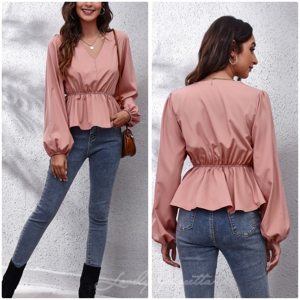 Black V-Neck Peplum Top with Stylish Balloon Sleeves - Picture 7 of 10